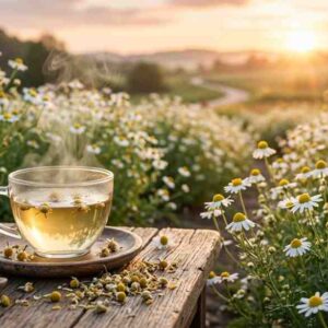 Chamomile flowers and chamomile tea showing the benefits of chamomile