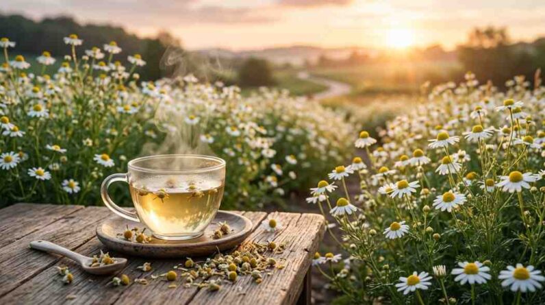 Chamomile flowers and chamomile tea showing the benefits of chamomile