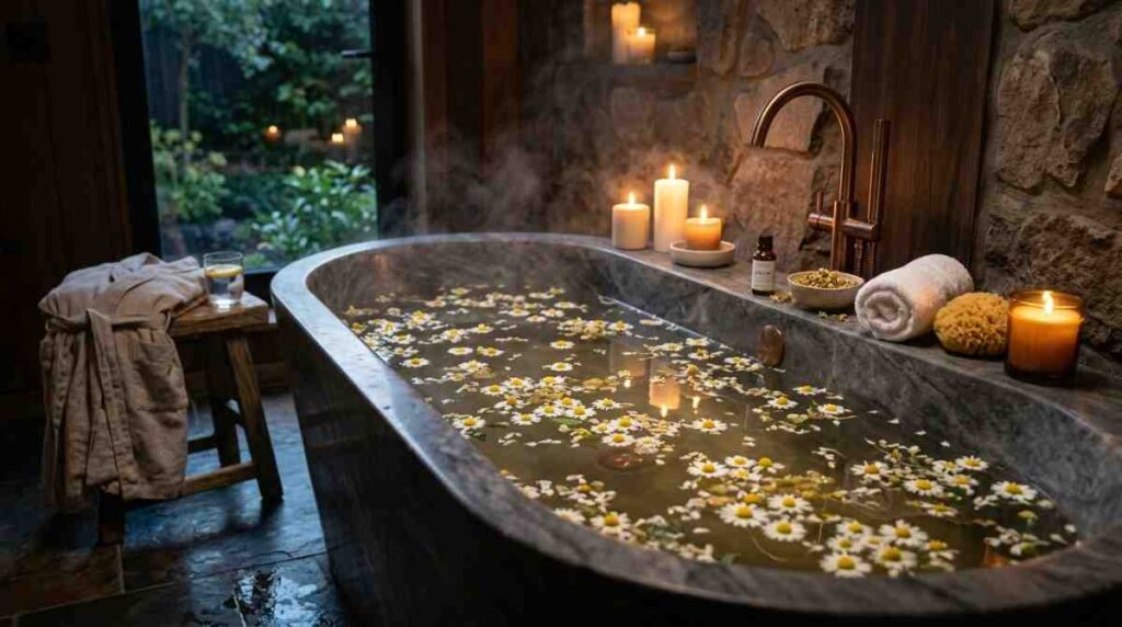 Relaxing chamomile flower bath