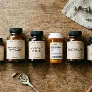 Herbal supplement bottles next to prescription medication on a counter