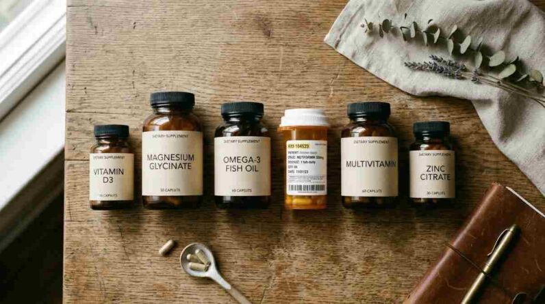 Herbal supplement bottles next to prescription medication on a counter