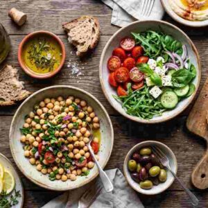 Mediterranean diet food pyramid spread with olive oil, whole grains, and vegetables