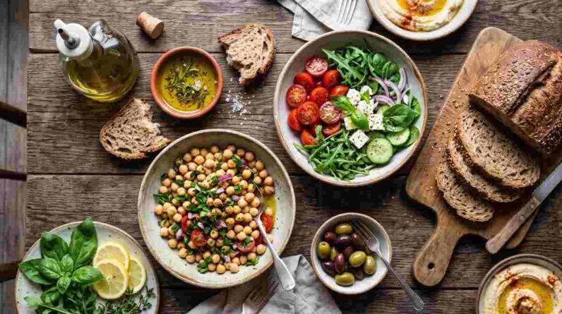 Mediterranean diet food pyramid spread with olive oil, whole grains, and vegetables