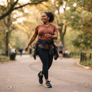 Person walking on a park trail to lose weight at over 200 pounds
