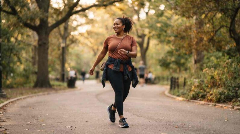 Person walking on a park trail to lose weight at over 200 pounds