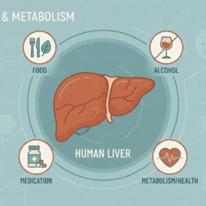 Diagram showing factors that affect liver health, including diet, alcohol, and medications