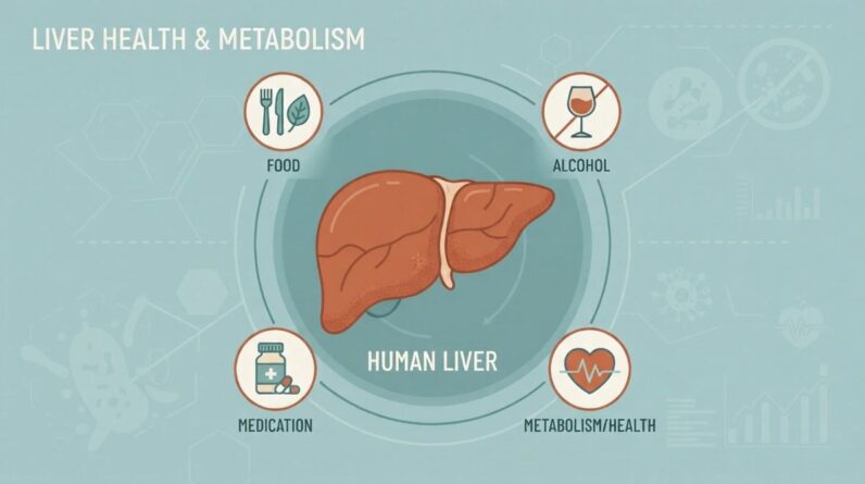 Diagram showing factors that affect liver health, including diet, alcohol, and medications