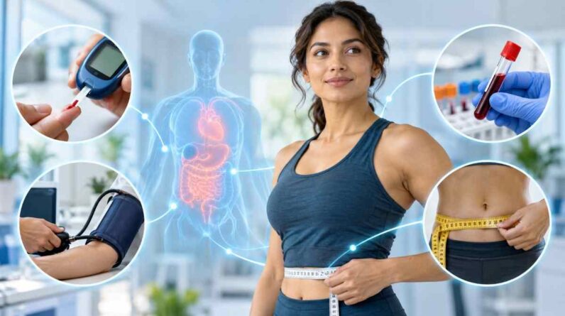 Metabolic health markers including blood sugar, blood pressure, cholesterol, and waist measurement