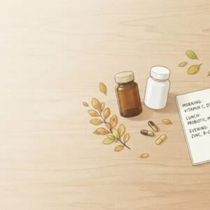 Two supplement capsules beside a notepad with a medicine list.