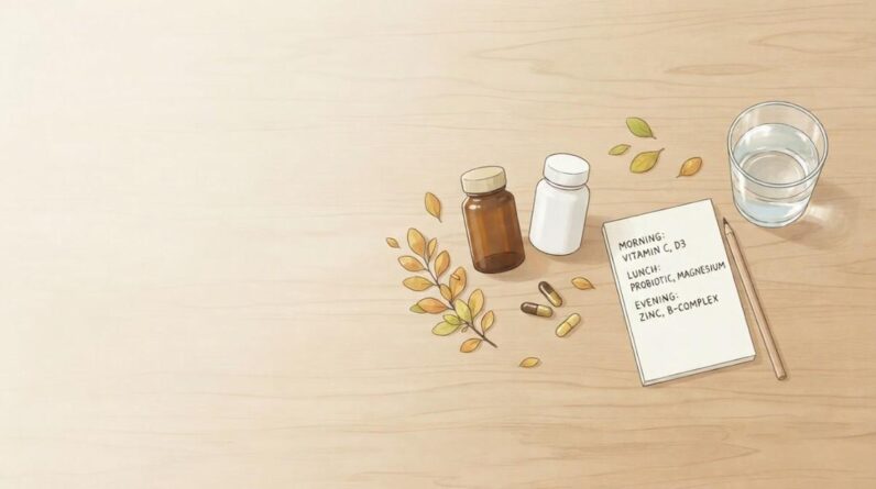 Two supplement capsules beside a notepad with a medicine list.